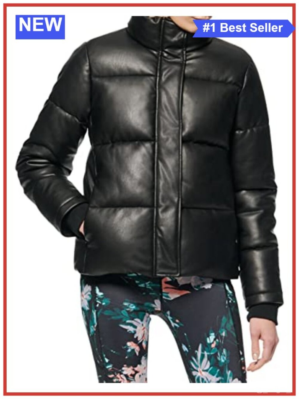 Vegan Leather Puffer Jacket Zip Front Quilted Round Collar